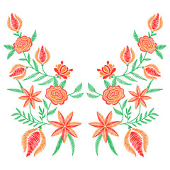 Wall Mural - Embroidery stitches with spring flowers, wildflowers, roses in pastel color for neckline. Vector fashion embroidered ornament, fancywork pattern for textile, fabric traditional folk decoration.