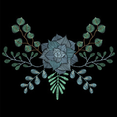 Wall Mural - Embroidery stitches with succulent, cactus, grass, branches for neckline. Vector fashion ornament on black background for textile, fabric traditional folk floral decoration.