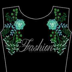 Wall Mural - Embroidery stitches with wild flowers, succulents, fashion word for neckline, bomber back. Vector embroidered modern ornament on black background for fabric traditional decoration.