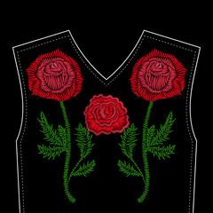 Wall Mural - Red rose embroidery stitch. Fashion vector illustration for neckline. Tradition folk decoration.