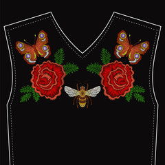 Wall Mural - Red rose with butterfly, bee embroidery on black background for neckline. Fashion vector illustration.