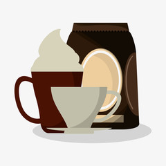 Sticker - cup of capuccino with cream and bag of coffee with porcelain cup vector illustration