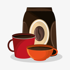 Sticker - set porcelain mugs and packaking of coffee vector illustration