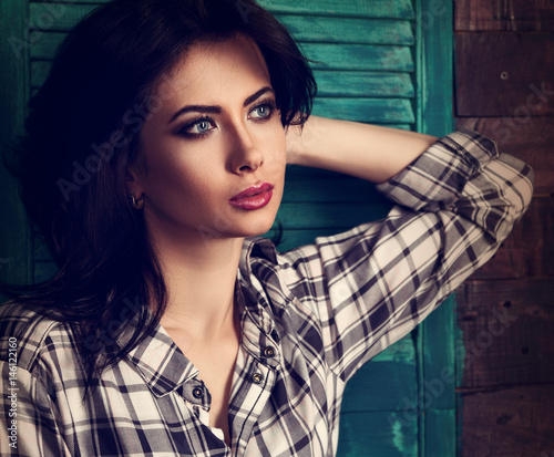 Beautiful Makeup Woman In Trendy Black And White Checkered Shirt