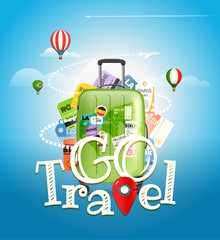 Poster - Go travel concept. Travel bag and different touristic elements