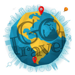 Poster - Go travel concept. The Earth with pins and logo