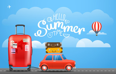 Poster - Vacation travelling concept. Car with baggage. Take vacation
