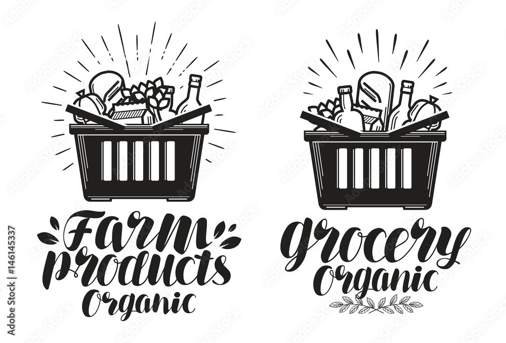 Grocers Lettering Shopping basket with fresh food. Grocery or farm products, label ...