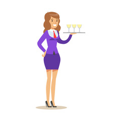 Wall Mural - Cheerful waitress holding a tray with champagne glasses, serving drinks. Colorful cartoon character vector Illustration