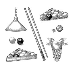 Wall Mural - Set billiard. Stick, balls, chalk, pocket and lamp.Vintage black engraving