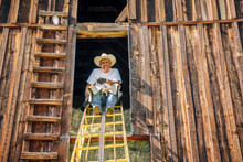 Portrait Of Smiling Caucasian Farmer Sitting On Ladder In Barn