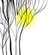 Colorful hand drawn abstract view of tree without leaves and yellow sun on the white background, isolated illustration painted by watercolor and pen ink, high quality