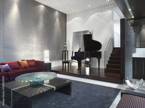 Modern Living Room With Baby Grand Piano Buy This Stock Photo