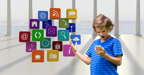 Poster - Angry boy holding smart phone by application signs