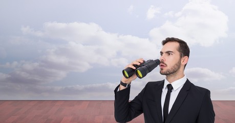 Poster - Shocked businessman looking away while holding binoculars
