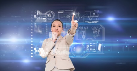 Poster - Digital composite image of businesswoman touching virtual screen