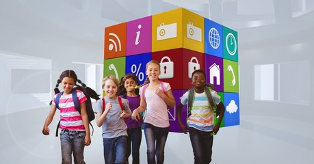 Poster - Smiling school children running against apps icons