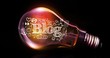 canvas print picture - Digital composite image of blog text with icons in light bulb