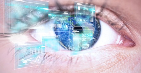 Poster - extreme close-up of human eye with interface screens