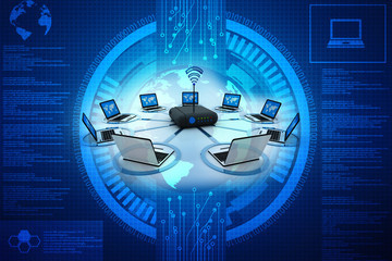 Poster - 3d rendering Transmitter Wi-Fi modem with laptop
