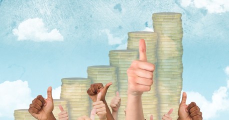 Poster - Hands gesturing thumbs up against coin graph