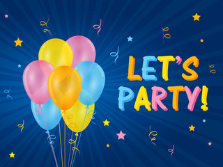 Wall Mural - LET’S PARTY Card with Balloons on Blue Background