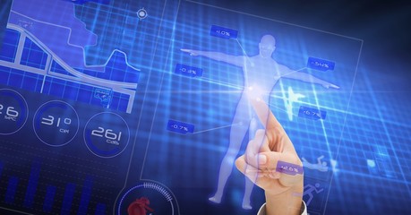 Poster - Digital composite image of hand touching human shape on screen