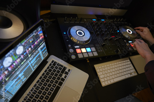 Cut in of DJ Decks and Laptop Computer Canvas Print