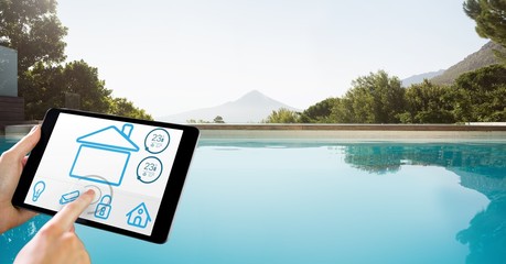Poster - Hands using smart home app on tablet PC by pool