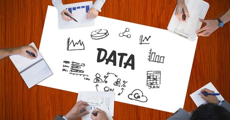 Poster - Data text by icons and hands of business people