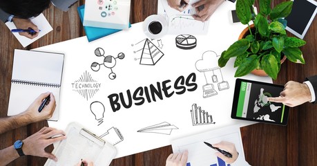 Poster - Business text by icons and hands