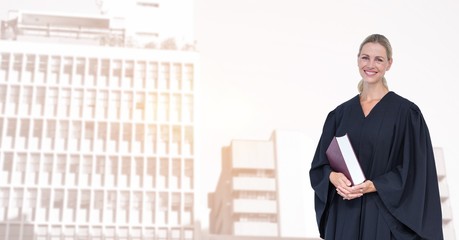 Poster - Portrait of smiling judge holding book in city