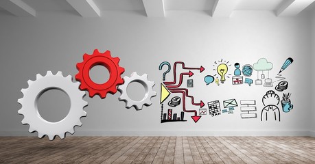 Poster - Digital composite image of gears by various icons against wall
