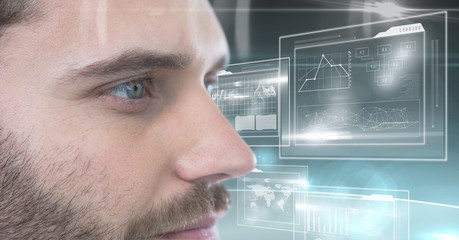 Poster - Digital composite image of human face with screens