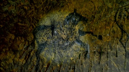 Wall Mural - Discovery of prehistoric paint of horse in sandstone cave. Spotlight shines on historical human painting. Black carbon horses on sandstone wall. Paint of hunting, prehistoric picture 