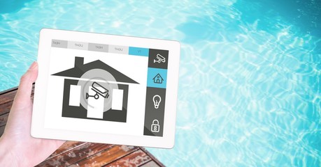 Poster - Hand using smart house tool on tablet PC at pool side