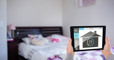 Poster - hands using application of smart home on digital tablet