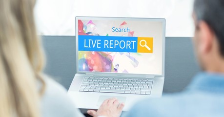 Poster - Rear view of man and woman searching for live report on laptop