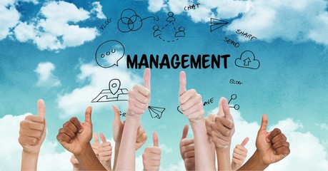 Poster - Hands gesturing thumbs up with management icons in background
