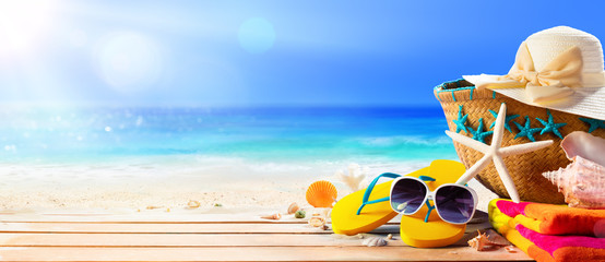 beach accessories on deck beach - summer holidays