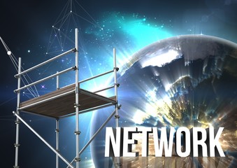 Poster - Network Text with 3D Scaffolding and planet earth interface