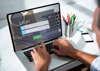 Poster - Men with laptop on the desk. Screen with login