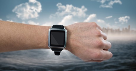 Poster - Hand with watch and flare against blurry skyline and water