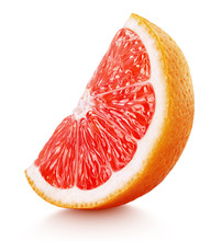 Standing Ripe Slice Of Pink Grapefruit Citrus Fruit Isolated On White Background With Clipping Path