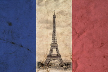 Wall Mural - Eiffel Tower in Paris in the colors of the French national flag background. Vintage view. Tour Eiffel old retro style photo with cracks crumpled paper. 