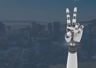 Poster - Android Robot hand peace gesture with blue city background