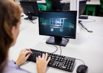 Sticker - Woman using computer with Shopping trolley icon