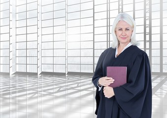 Poster - Judge holding book in front of large bright windows