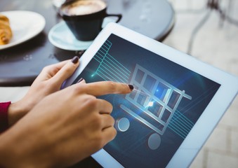 Poster - Person using Tablet with Shopping trolley icon