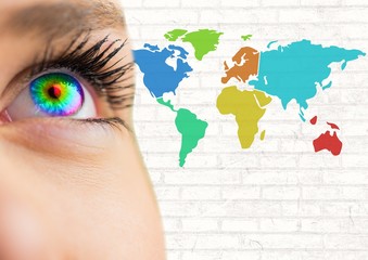 Poster - Multicolored eye next to Colorful Map with wall background